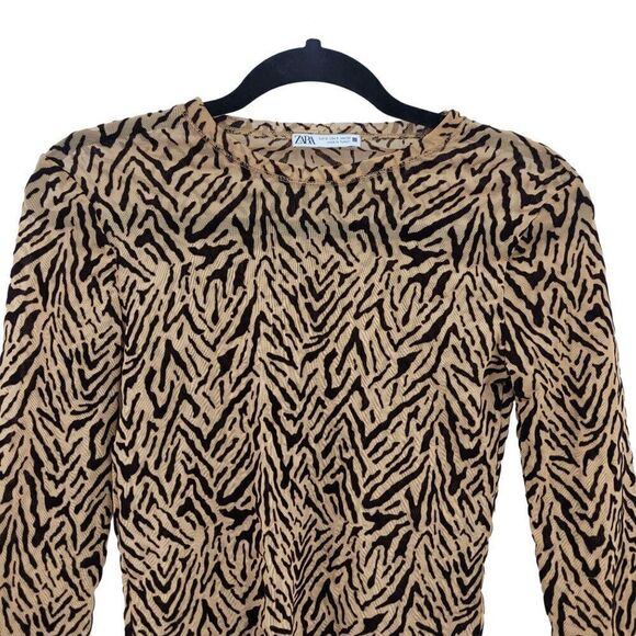 Zara Top S Brown Animal Sheer Mesh‎ Velour Burnout Long Sleeve Pull Over Blouse - Picture 6 of 10